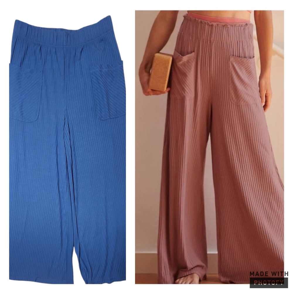 Natural Life Ribbed Wide Elasticized Travel Lounge Pants Sz L Blue